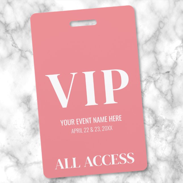 Crachá Evento de Passagem VIP Rosa de Acesso Total (All Access Girly Pink Simple VIP Event Badge)