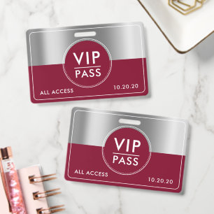 Crachá Evento VIP de Acesso Total Metálico Prata Burgundy