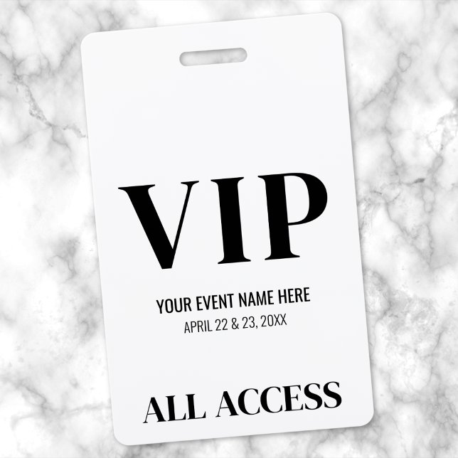 Crachá Evento VIP Simples Branco Preto (Black White Simple VIP Event Badge )