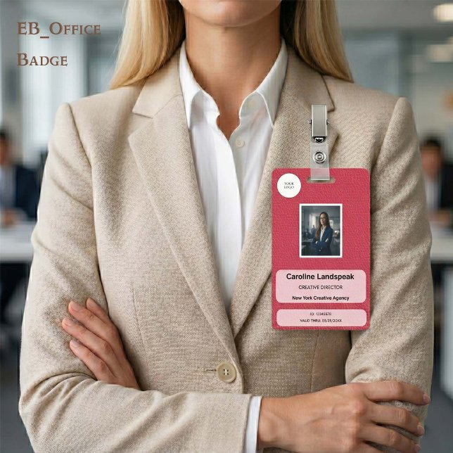 Crachá Executivo de Couro Carmesim Raspberry Perso (Chic Raspberry Crimson Leather Custom Logo Photo ID Vertical Badge. Size: 2.13” x 3.38”)