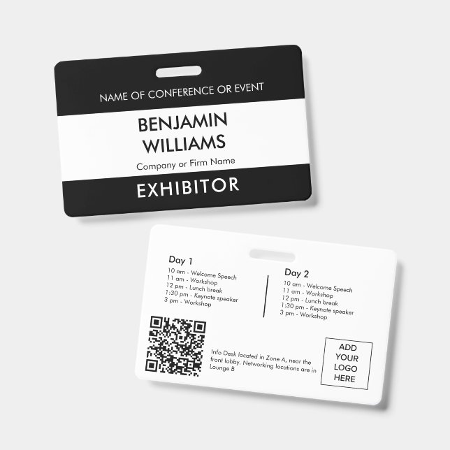 Crachá Exhibitor Name Badge QR Black White Logo ID Event (Frente e verso)