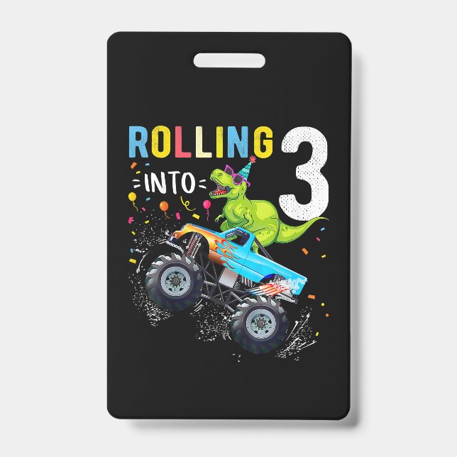 Crachá Família de Caminhões Monstros Dinossauros, 3 anos (Frente)