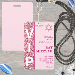 Crachá Favor do Partido VIP Mitzvah, VIP Único, Rosa Glam