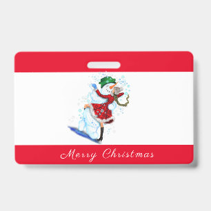 Crachá Feliz Snowman e Girl Dance Tango Natal
