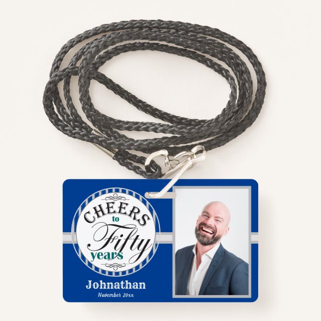 Crachá Festa de 50 anos Um Azul Foto (Frente com cordão)