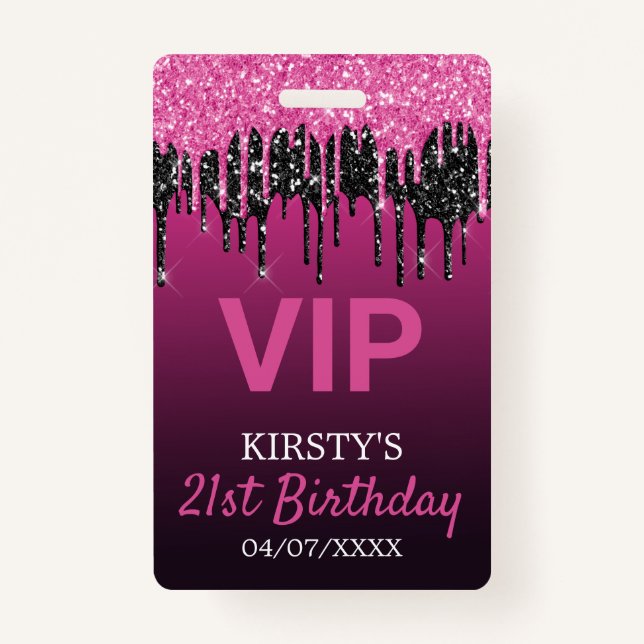 Crachá Festa de aniversário Brilhante de Coleta Preta-Ros (Frente)