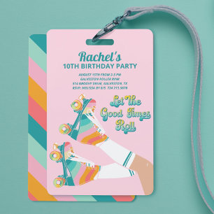 Crachá Festa de Aniversário de Patinação Retrô Rosa