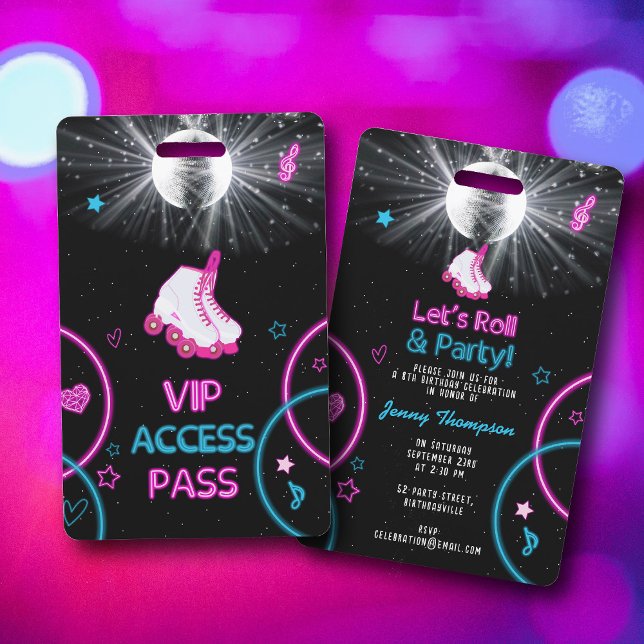 Crachá Festa de aniversário do cilindro de guiamento do n (Neon Glow Roller Skating Let's Roll Birthday Party Badge)