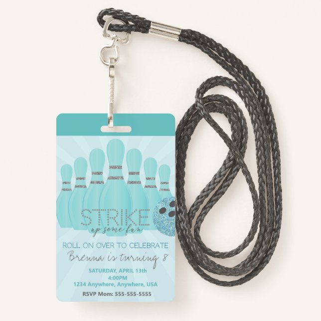 Crachá Festa de boliche, VIP Pass, Convite, garota Bowl, (Costas com Cordão)