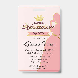 Crachá Festa De Quinceanera Rosa E Dourada