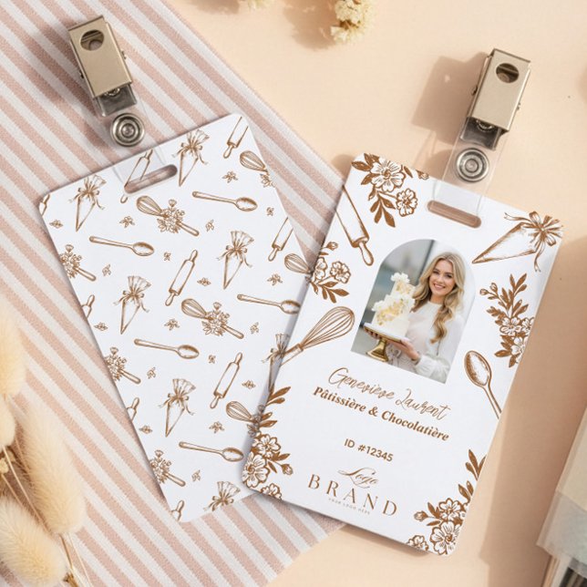 Crachá Floral Baking Utensils Bakery Logo Employee Photo (Floral Baking Utensils Bakery Logo Employee Photo Badge)