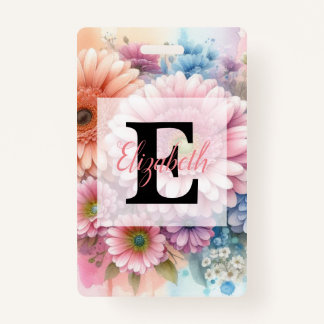 Crachá Floral watercolor monogram pink gerbera daisies 