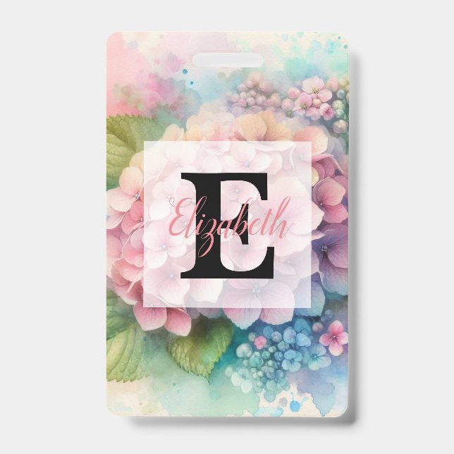 Crachá Floral watercolor monogram pink hydrangea  (Frente)