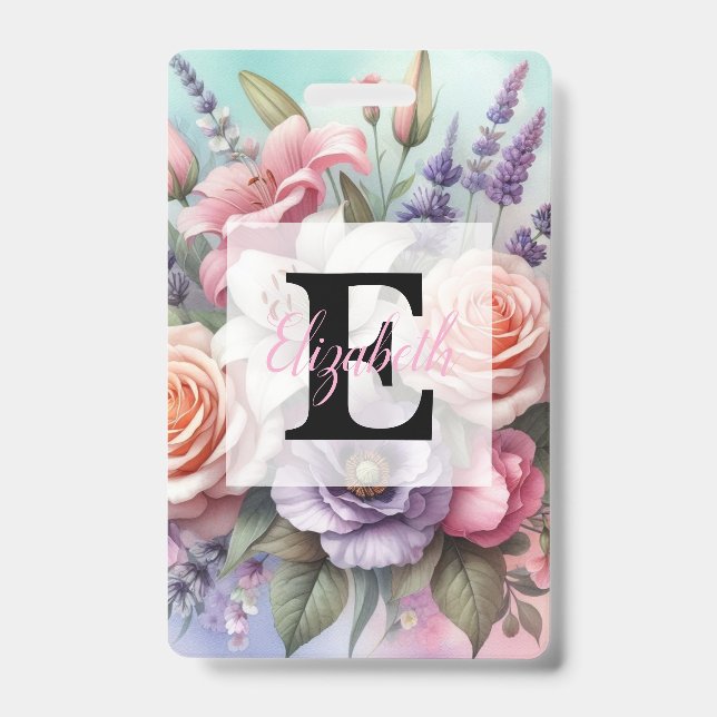 Crachá Floral watercolor monogram pink purple flowers  (Frente)