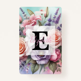 Crachá Floral watercolor monogram pink purple flowers 
