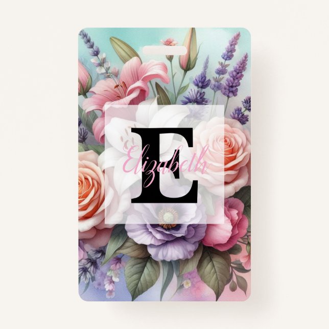 Crachá Floral watercolor monogram pink purple flowers  (Frente)