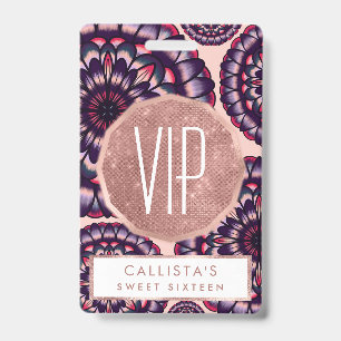 Crachá Flores Acrílicas Pintadas Rosa Roxo Boêmias