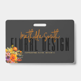 Crachá Flores de Design preto-e-laranja sofisticadas
