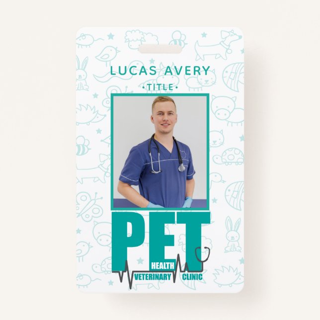 Crachá Foto Clínica Veterinária Azul Moderno (Frente)