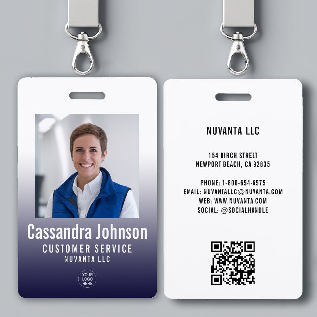 Crachá Foto de ID de Funcionário Gradiente Azul-Marinho C (company corporate business employee photo id badge template navy gradient modern minimalist simple)