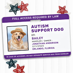 Crachá Foto de ID do Cão de Apoio ao Autismo Personalizad