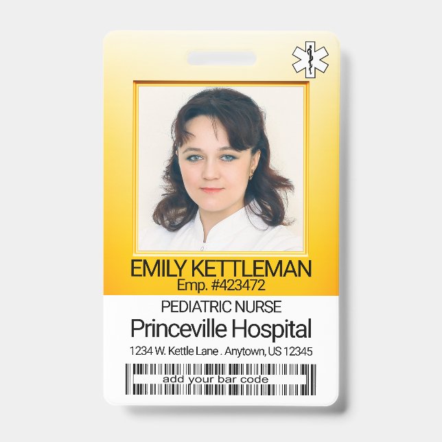 Crachá Foto do Campo Médico - Enfermeira - Amarelo (Frente)