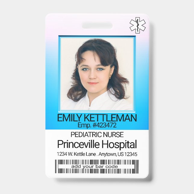 Crachá Foto do Campo Médico - Enfermeira - Azul / Rosa (Frente)