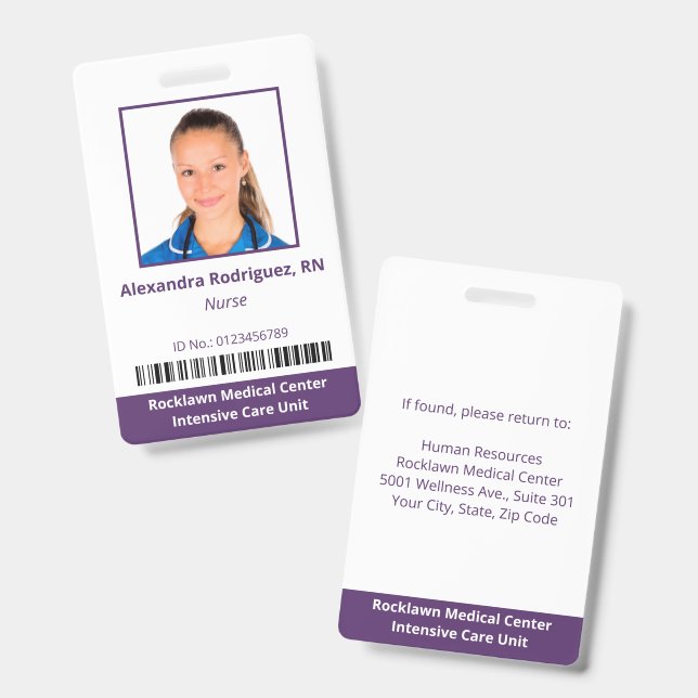 Crachá Foto do Funcionário Código de Barras Branco Roxo I (Frente e verso)