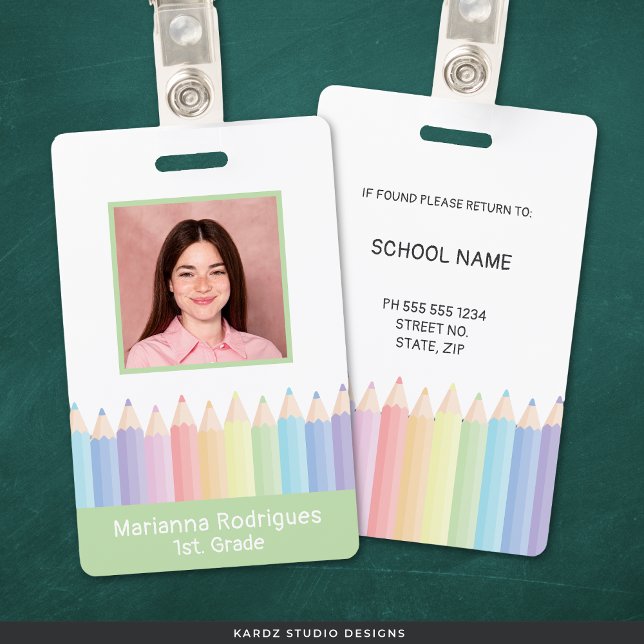 Crachá Foto ID Personalizada de Professor com Arco-íris (Front and back of ID shown. Personalize with your photo and information. Choose attachment type.)