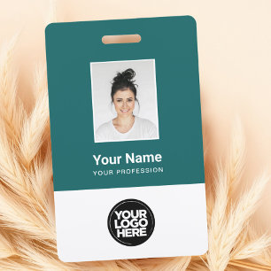 Crachá Foto personalizada do funcionário em azul-turquesa