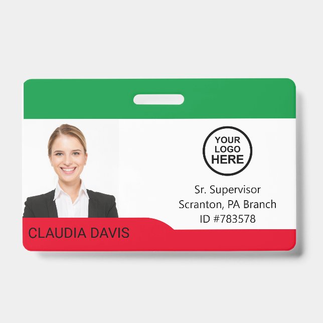 Crachá Foto personalizada do funcionário, nome, logotipo, (Frente)