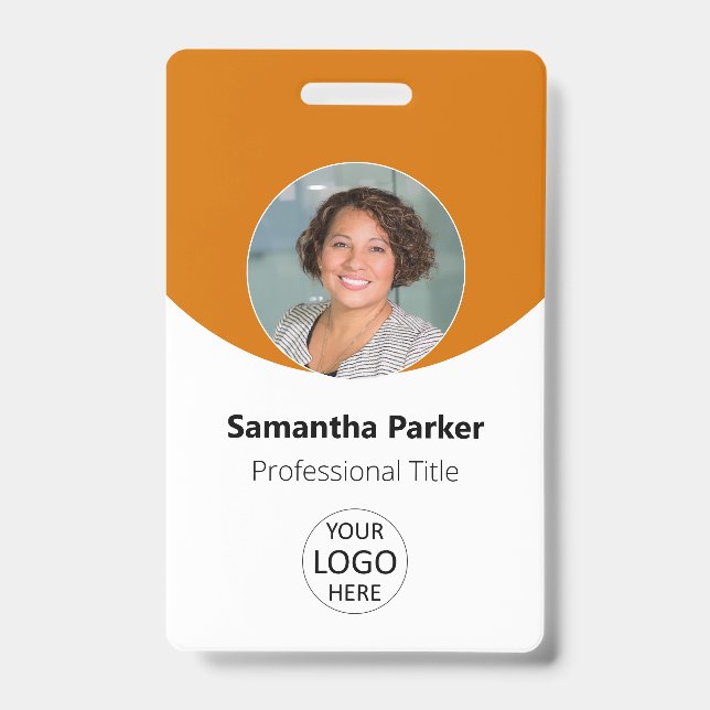 Crachá Foto Personalizada Laranja, Logotipo, Código de Ba (Frente)