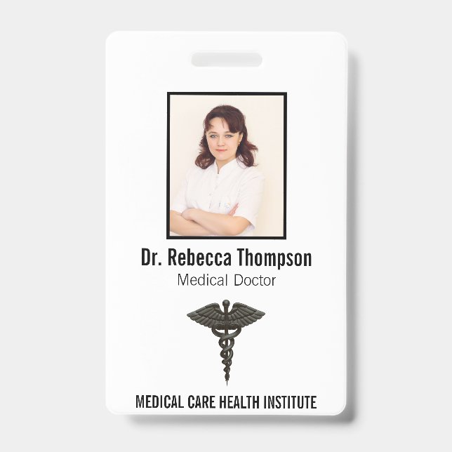 Crachá Foto Preta Profissional Simples do Caduceu Médico (Frente)