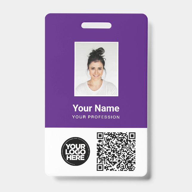 Crachá Foto, Qr e Código do Bar para funcionários roxos,  (Frente)