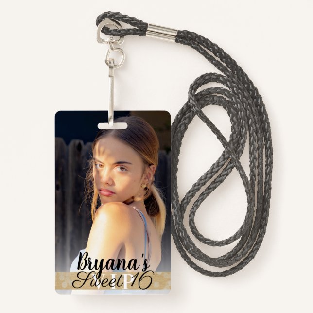 Crachá Fotografia Dourada VIP Festa de aniversário Pass (Frente com cordão)