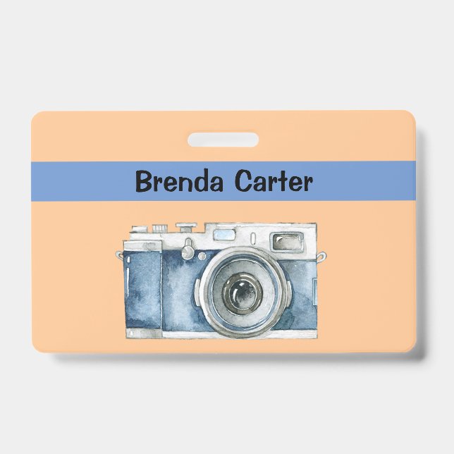 Crachá Fotógrafo da câmera Vintage com nome (Frente)