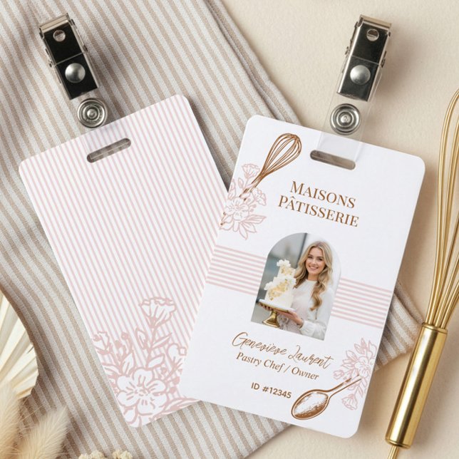 Crachá Funcionário da Padaria Pink Stripe Whisk Spoon (Pink Stripe Whisk Spoon Bakery Business Employee Badge)