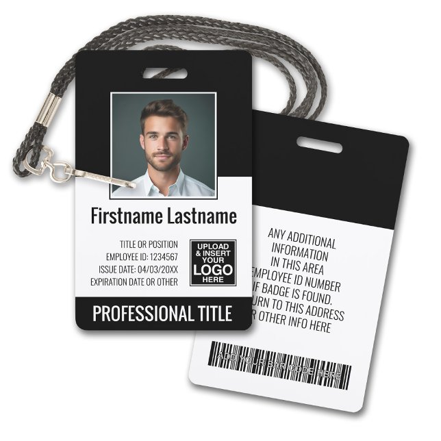 Crachá Funcionário Essencial - Foto, Código do Bar, Logot (Plastic ID Badge - Customize with Employee Photo and Credentials. Black Accents)
