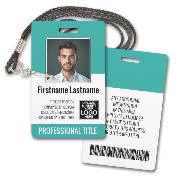 Crachá Funcionário essencial - Foto, Código do Bar, Logot (Plastic ID Badge - Customize with Employee Photo and Credentials. Teal Accents)