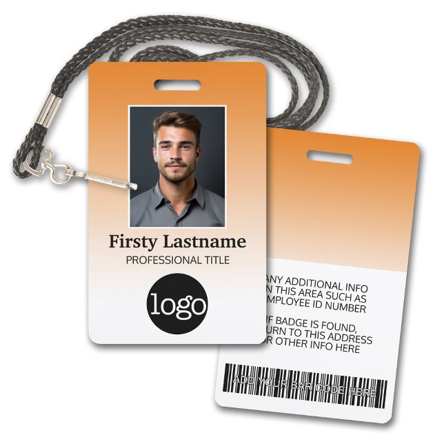 Crachá Funcionário - Foto, Código do Bar, Logotipo, Gradi (Employee Badge with Gradient Background. Add a photo and logo to this name tag with orange accents.)