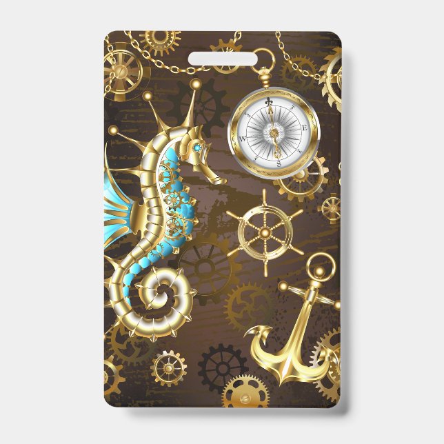 Crachá Fundo de madeira com cavalo de mar mecânico (Frente)