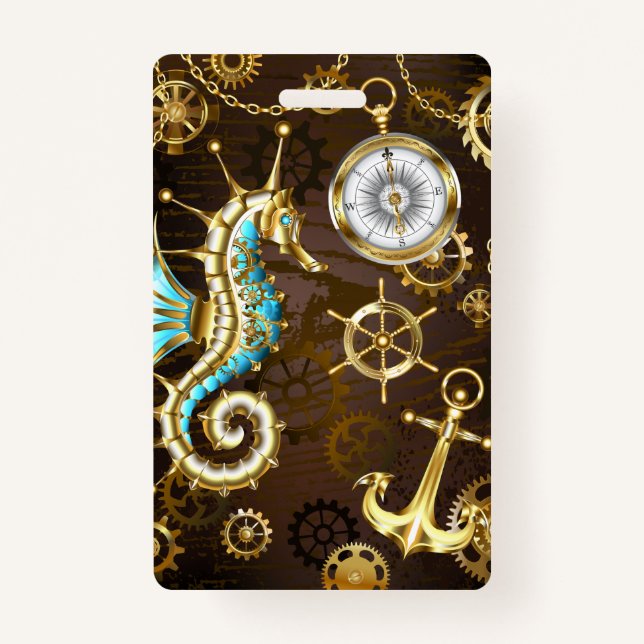 Crachá Fundo de madeira com cavalo de mar mecânico (Frente)