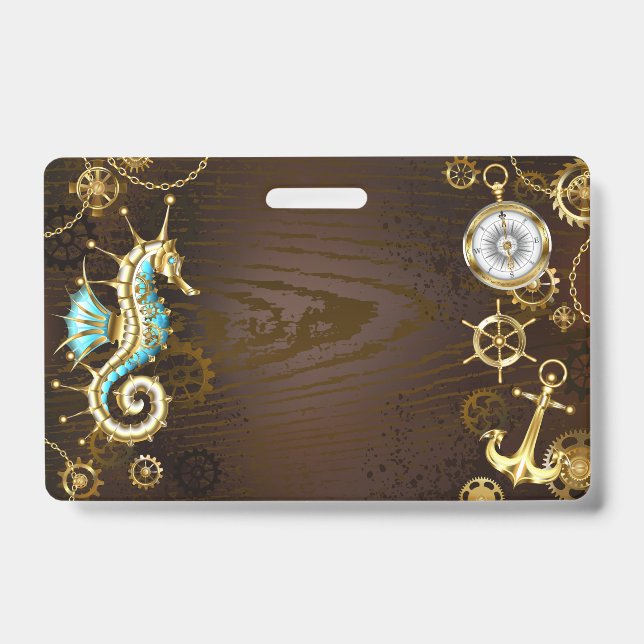 Crachá Fundo de madeira com cavalo de mar mecânico (Frente)