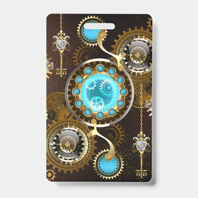 Crachá Fundo Rusty Steampunk com Lentes Turquesa (Frente)