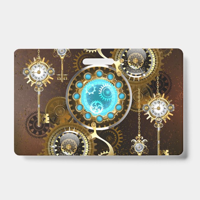 Crachá Fundo Rusty Steampunk com Lentes Turquesa (Frente)