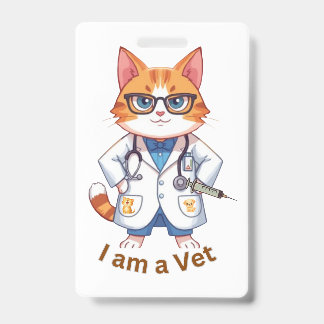 Crachá Gatinho de Veterinário Fofo Design "Eu Sou um Vete