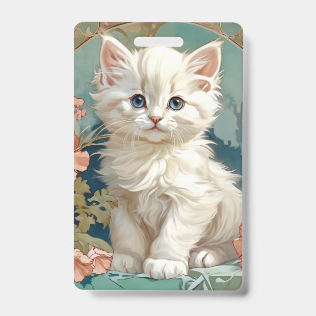 Crachá Gato Branco Estilo Alphonse Mucha (Frente)