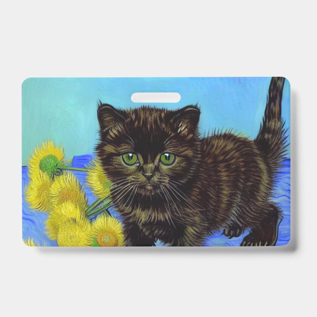 Crachá Gato de estilo Van Gogh com Sunflower (Frente)