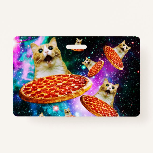 Crachá Gato de pizza espacial engraçado (Frente)