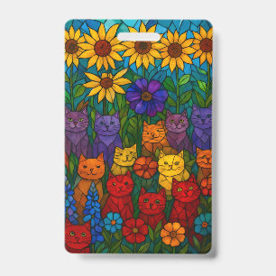Crachá Gatos no Jardim de Girassóis em Arte de Vidro Fosc
